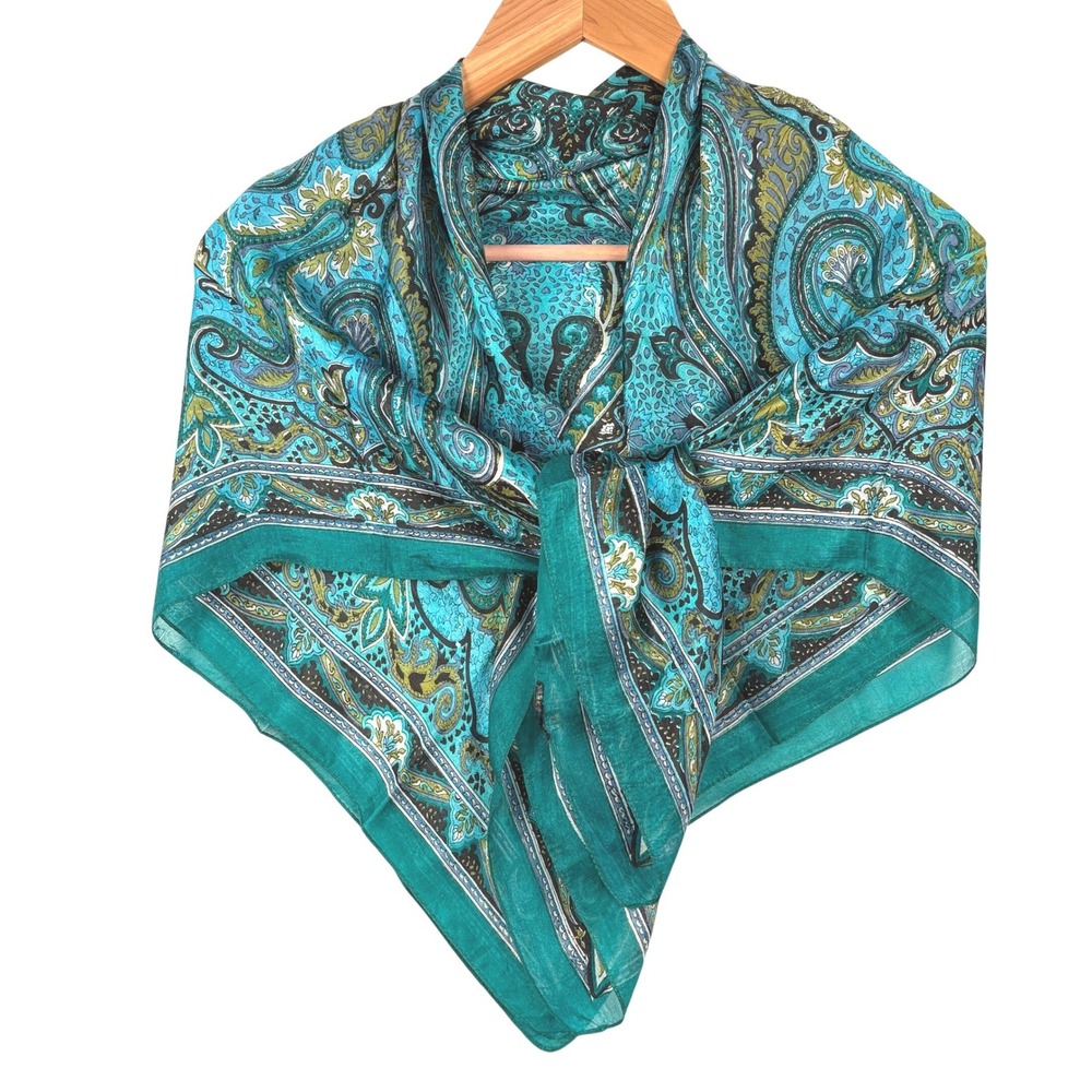 100% Silk Square Scarf Large 38 x 40 Bohemian Teal Turquoise Paisley Head Wrap